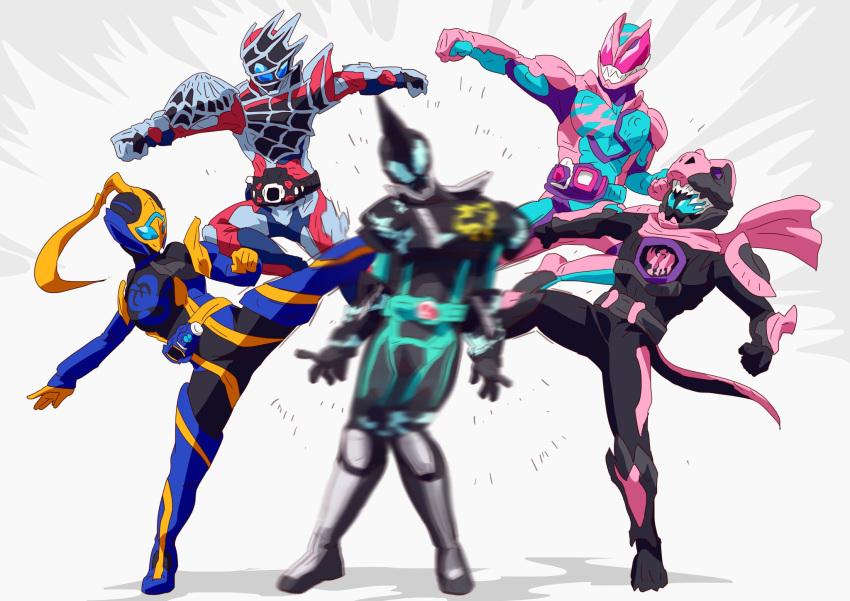 1girl, 4boys, animal_hood, armor, bat_genome, battle, black_armor, black_horns