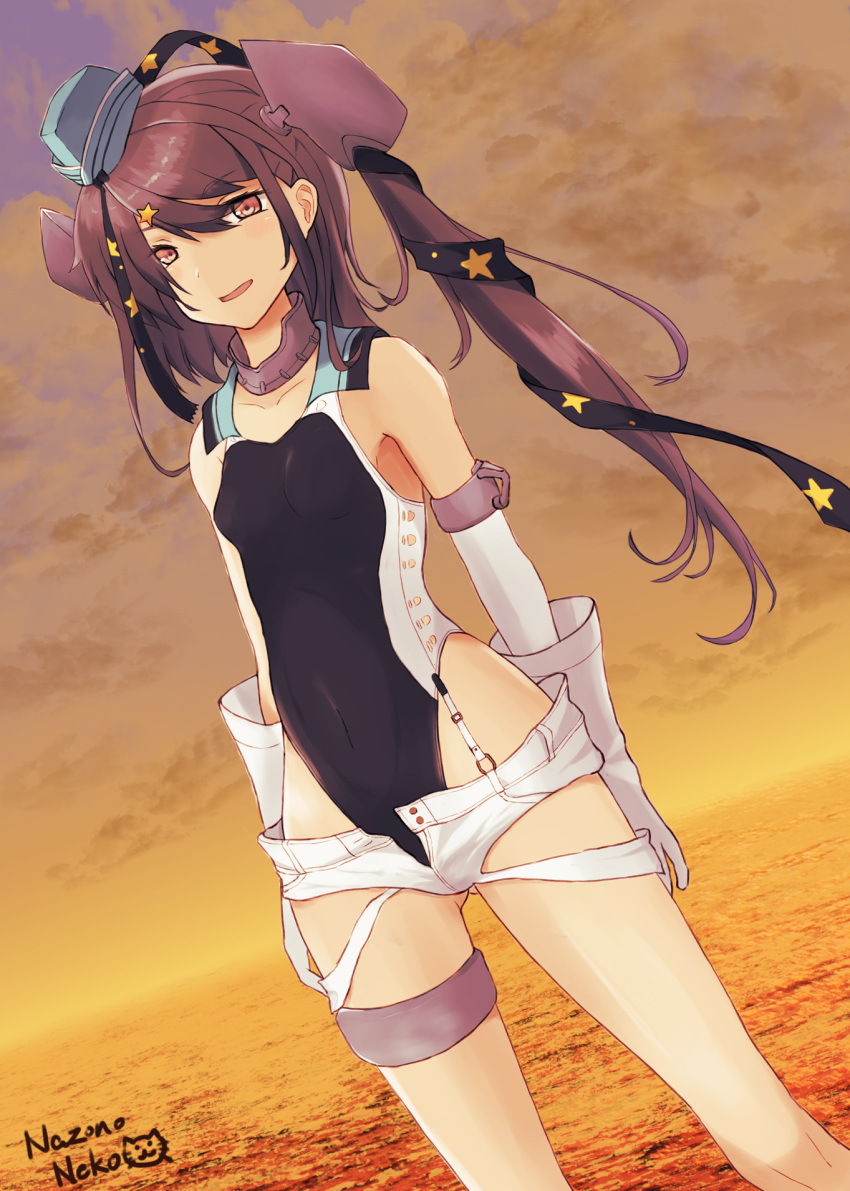 1girl, aqua_headwear, artist_name, black_ribbon, black_swimsuit, commentary_request, competition_swimsuit, cowboy_shot