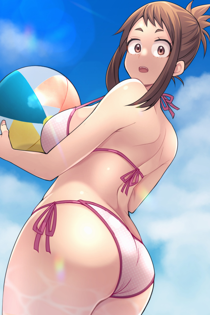 1girl, adahcm, alternate_costume, ass, back, ball, beachball, bikini, blue_sky, boku_no_hero_academia, breasts, brown_eyes, brown_hair, caustics, clouds, cloudy_sky, collaboration, commentary, cowboy_shot, curvy, from_below, half_updo, highres, holding, holding_ball, holding_beachball, kobaji, large_breasts, lens_flare, looking_at_viewer, looking_back, medium_hair, open_mouth, polka_dot, polka_dot_bikini, side-tie_bikini, sideboob, sidelocks, sky, solo, standing, sunlight, swimsuit, thighs, uraraka_ochako, white_bikini