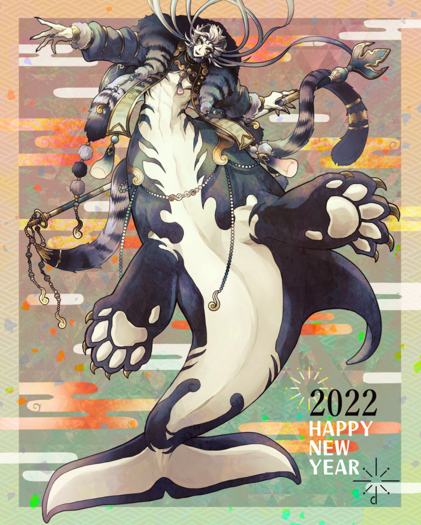 1boy, 2022, animal_ears, animal_hands, animal_print, claws, coat, dorsal_fin