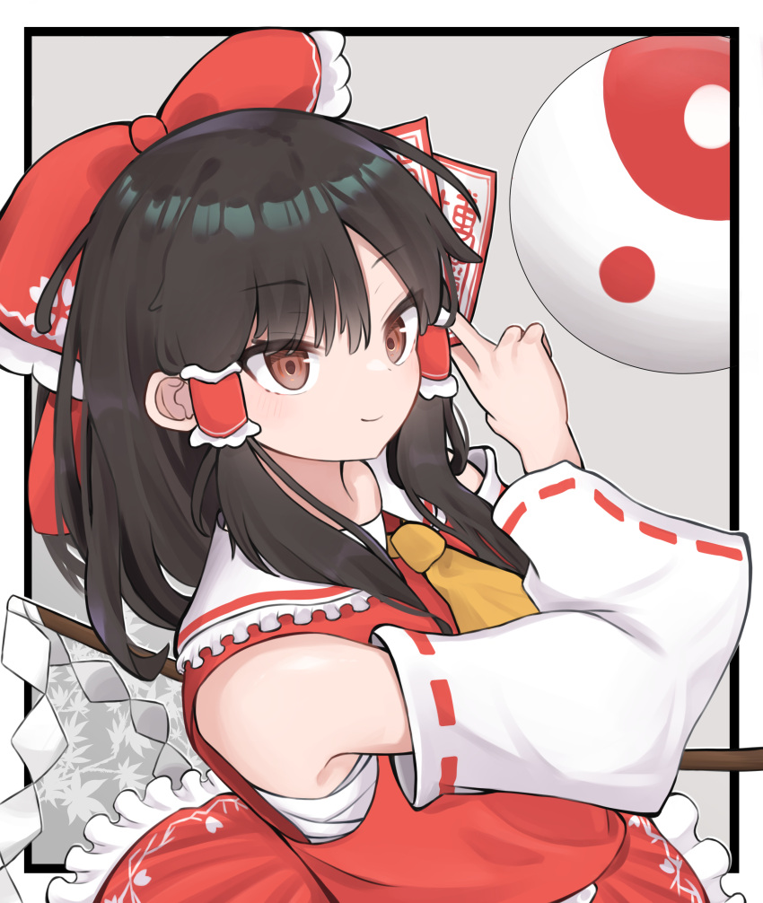 1girl, absurdres, bare_shoulders, between_fingers, black_hair, bow, brown_eyes, detached_sleeves