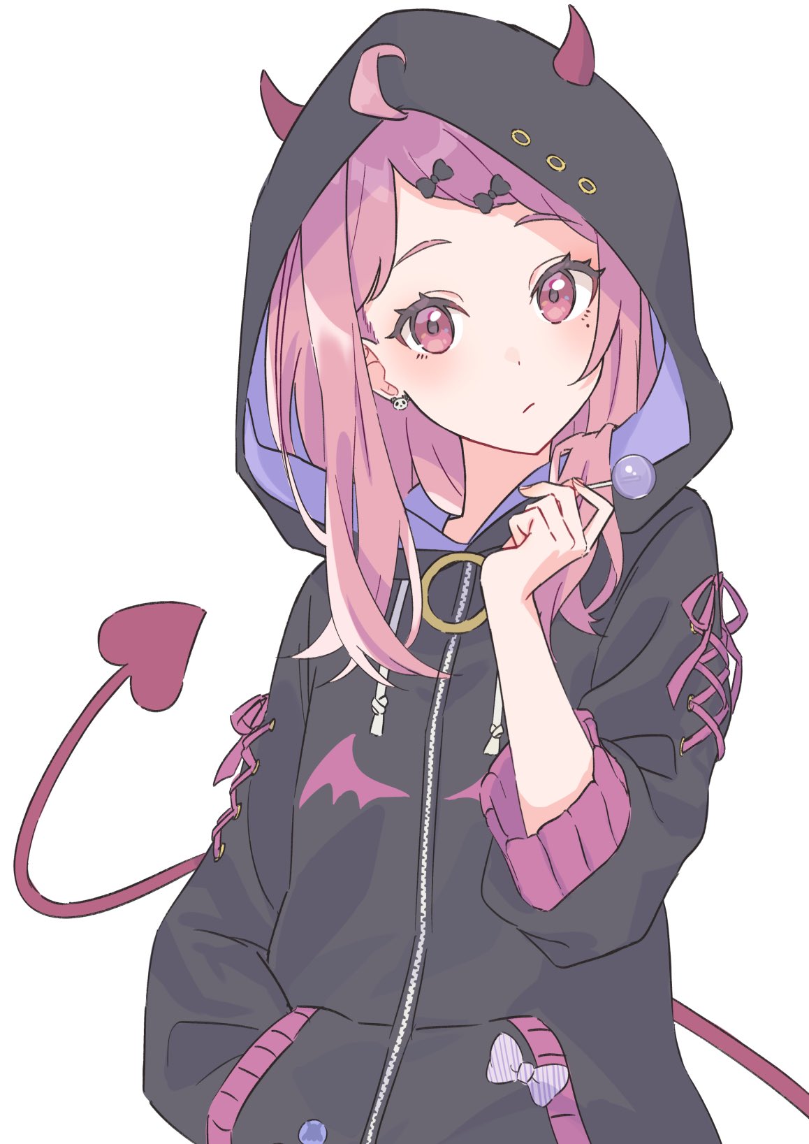 1girl, candy, demon_horns, demon_tail, earrings, food, hair_ornament, hairclip