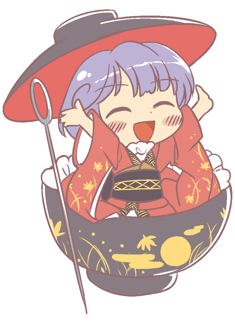 1girl, anonymous_(japanese), arms_up, black_headwear, blush, blush_stickers, bowl, bowl_hat, closed_eyes, eyebrows_visible_through_hair, frilled_kimono, frills, full_body, gyate_gyate, hat, jaggy_lines, japanese_clothes, kimono, long_sleeves, needle, needle_sword, obi, open_mouth, purple_hair, red_kimono, sash, short_hair, smile, solo, sukuna_shinmyoumaru, touhou, transparent_background, wide_sleeves
