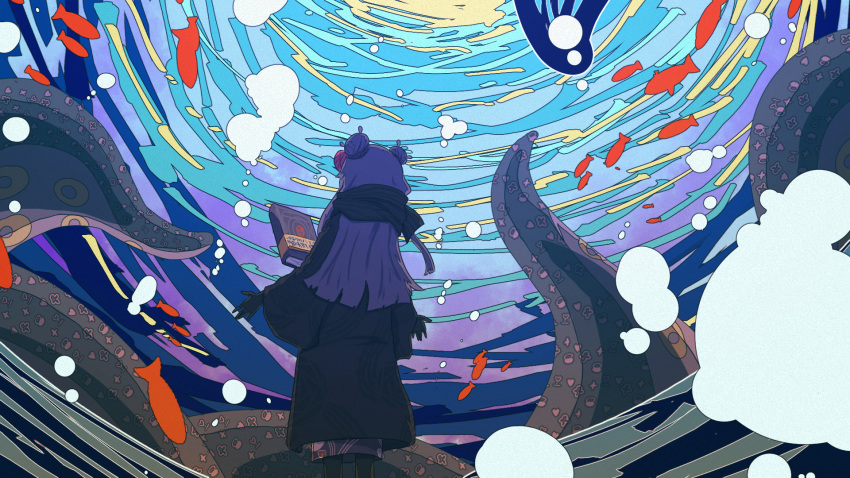 1girl, ao-chan_(ninomae_ina'nis), black_gloves, book, double_bun, fish, floating, floating_book