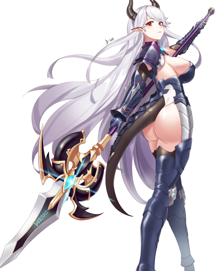 1girl, absurdres, armor, armored_leotard, ass, boots, breasts, d-log