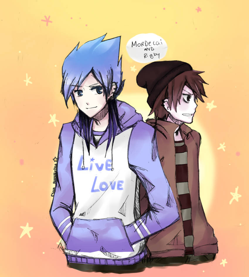 blue_hair, brown_hair, esharart, hat, jacket, mordecai_(regular_show), regular_show, rigby