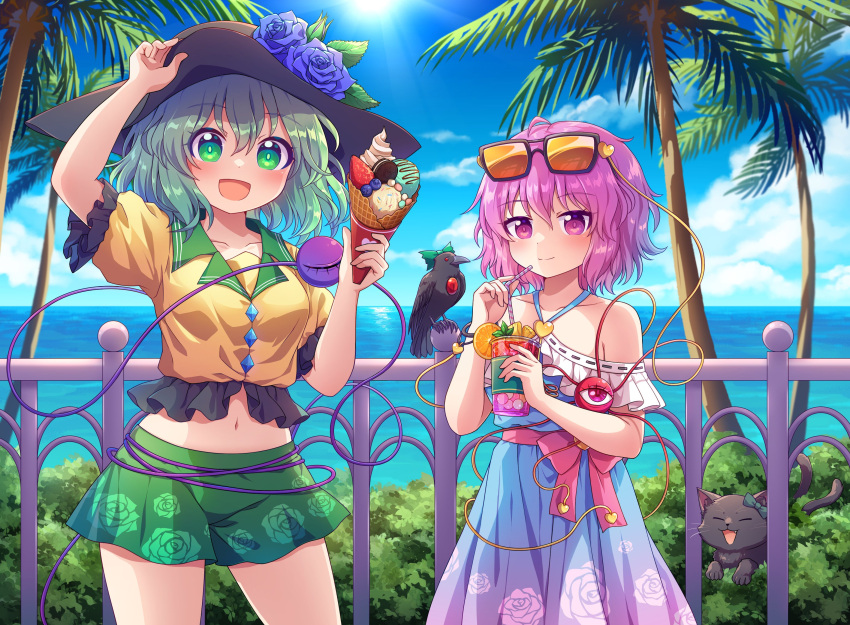 2girls, adapted_costume, animal, bird, black_headwear, blue_dress, blue_flower, blue_rose