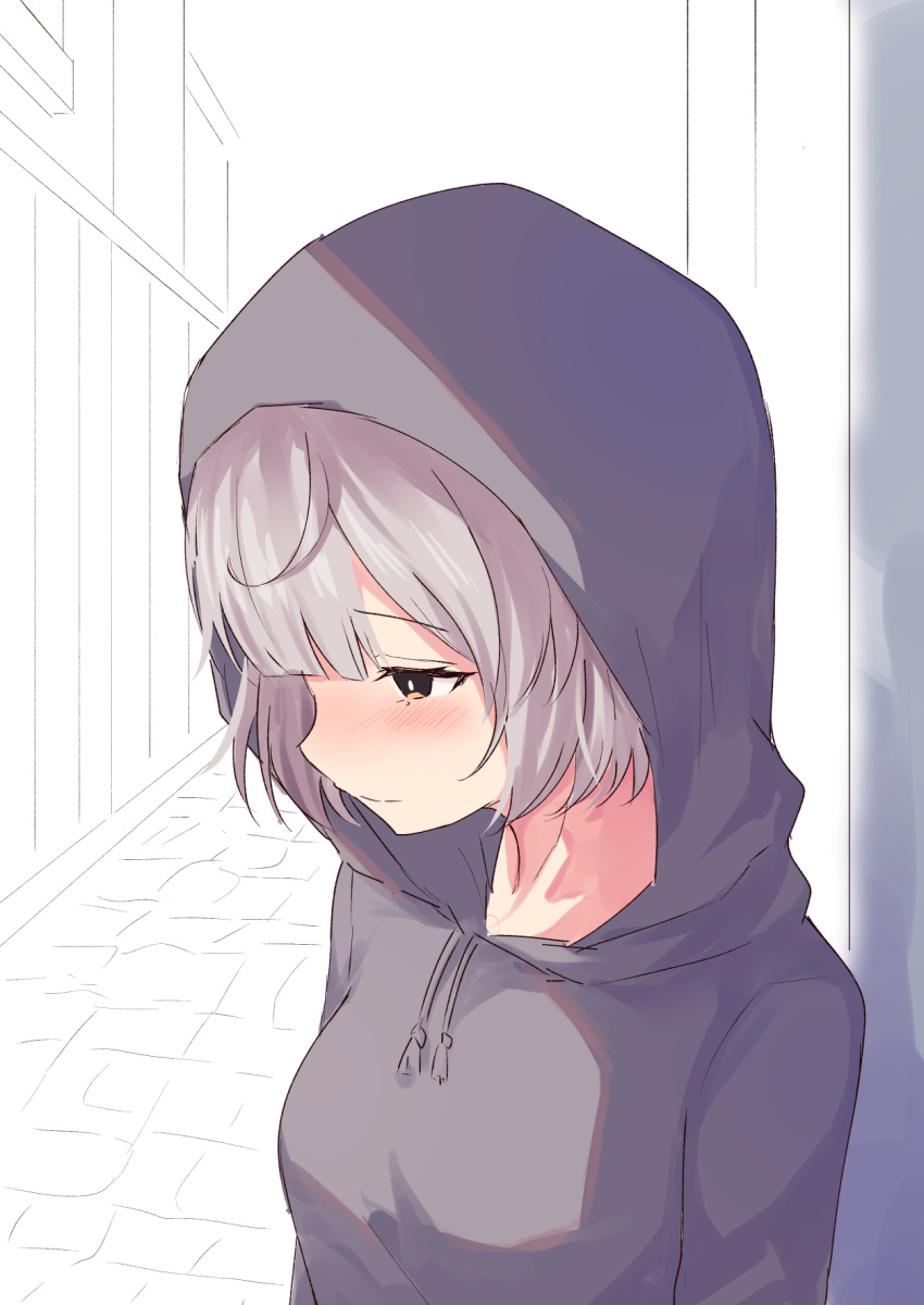 1girl, blush, closed_mouth, from_side, highres, hood, hoodie, magia_record:_mahou_shoujo_madoka_magica_gaiden