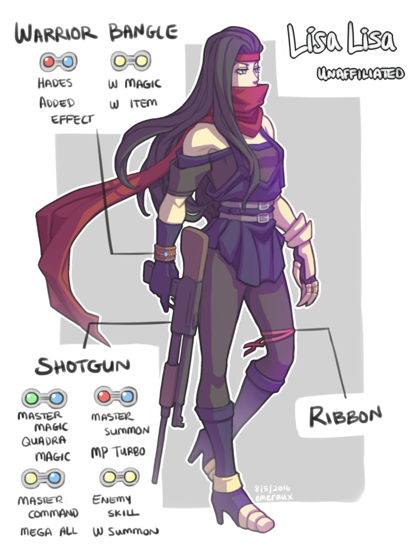 1girl, adapted_costume, bare_shoulders, battle_tendency, black_hair, boots, claw_(weapon), cosplay