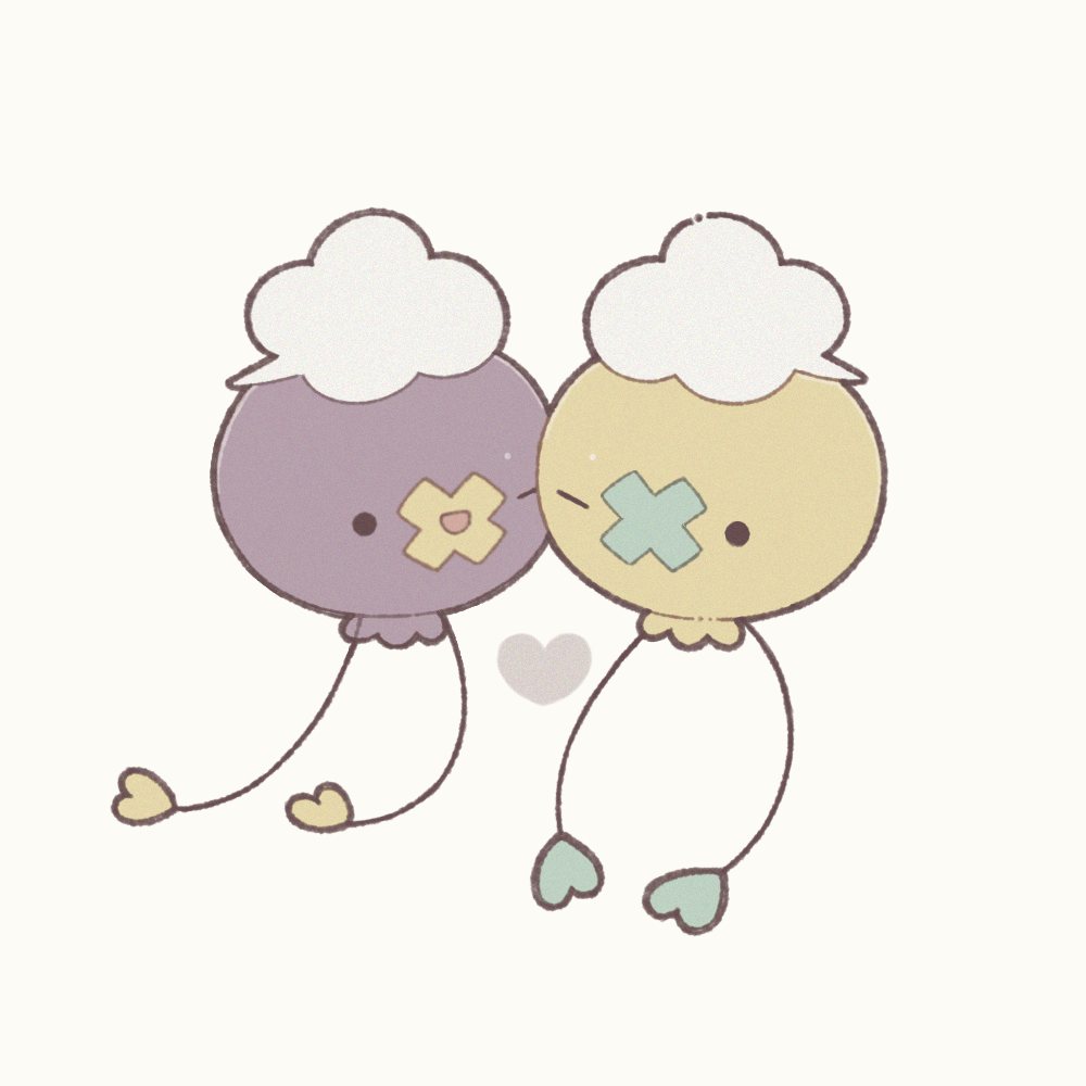 ;d, affectionate, alternate_color, commentary_request, cuddling, drifloon, heart, moku_(mintchoco_310), no_humans, one_eye_closed, open_mouth, pokemon, pokemon_(creature), shiny_pokemon, smile, white_background