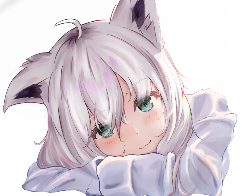 1girl, ahoge, animal_ear_fluff, animal_ears, bangs, blush, commentary_request, ears_down