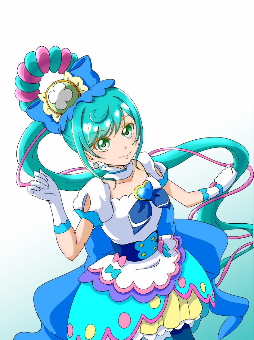 1girl, :d, blue_bow, blue_hair, blush, bow, brooch, cure_spicy, delicious_party_precure, detached_collar, earrings, fuwa_kokone, gloves, green_eyes, hair_bow, hair_ornament, hair_rings, heart, heart_brooch, highres, jewelry, kamonan_(pixiv_id_1430057), long_hair, looking_at_viewer, magical_girl, multicolored_hair, open_mouth, pink_hair, ponytail, precure, puffy_sleeves, smile, solo, two-tone_hair, upper_body, white_gloves