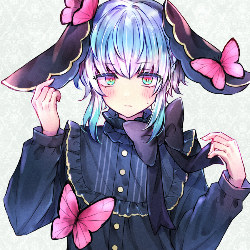 1boy, akuma_shitsuji_to_kuroi_neko, androgynous, animal_ears, blue_eyes, blue_hair, blush, bow
