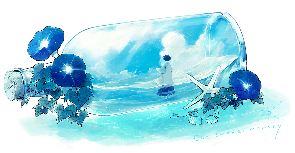 1girl, black_hair, blouse, blue_theme, bob_cut, bottle, caustics, clouds