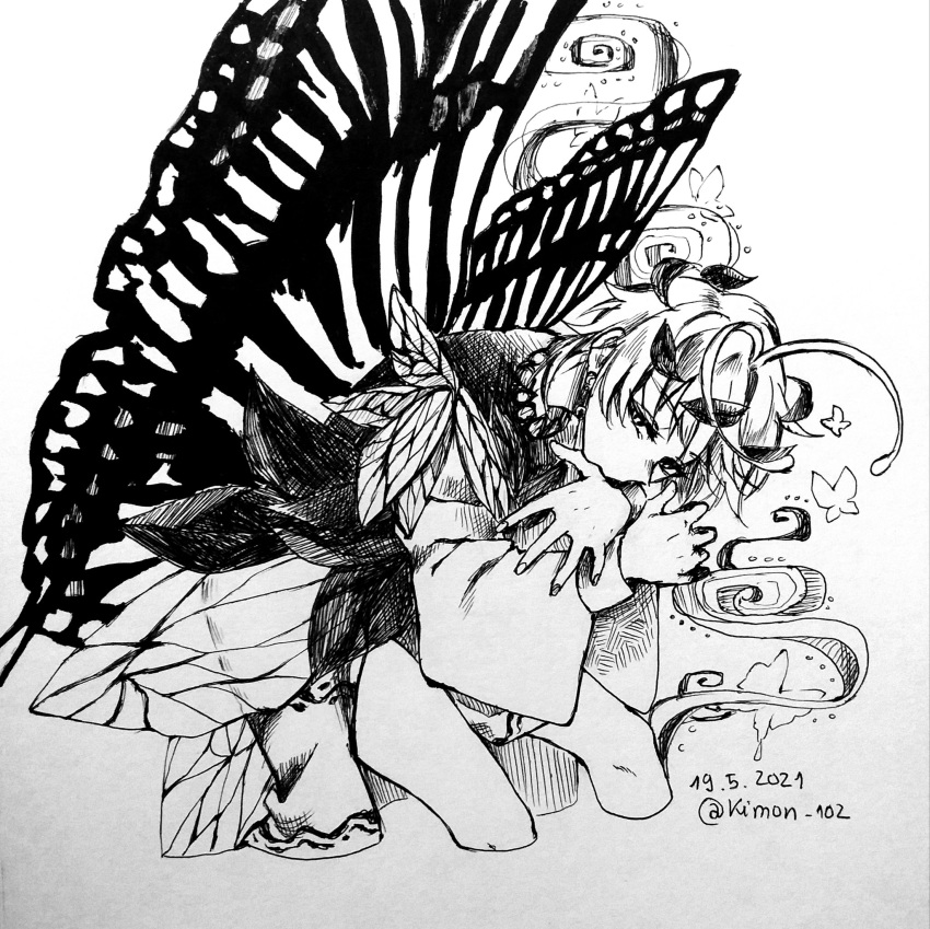 1girl, adapted_costume, animal, antennae, bug, butterfly, butterfly_wings, dated