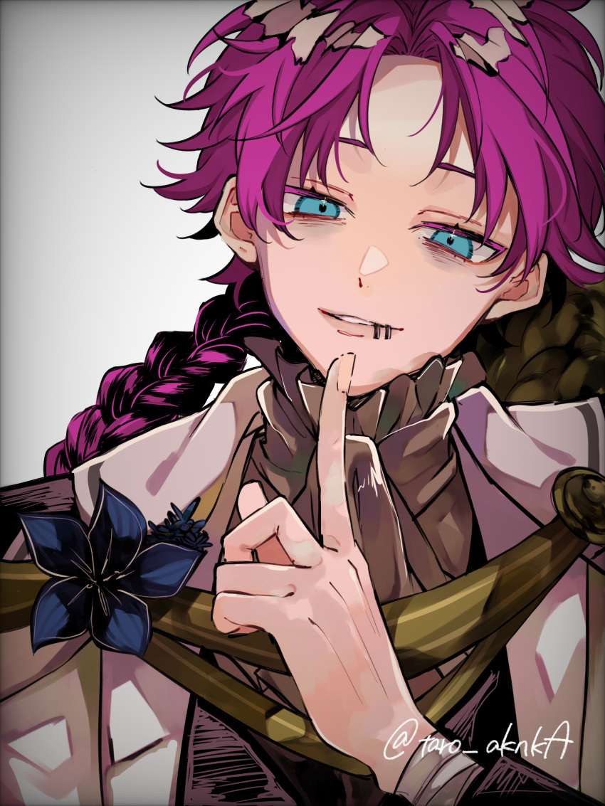 1boy, akuma_shitsuji_to_kuroi_neko, androgynous, blue_eyes, braid, finger_to_mouth, flower, highres