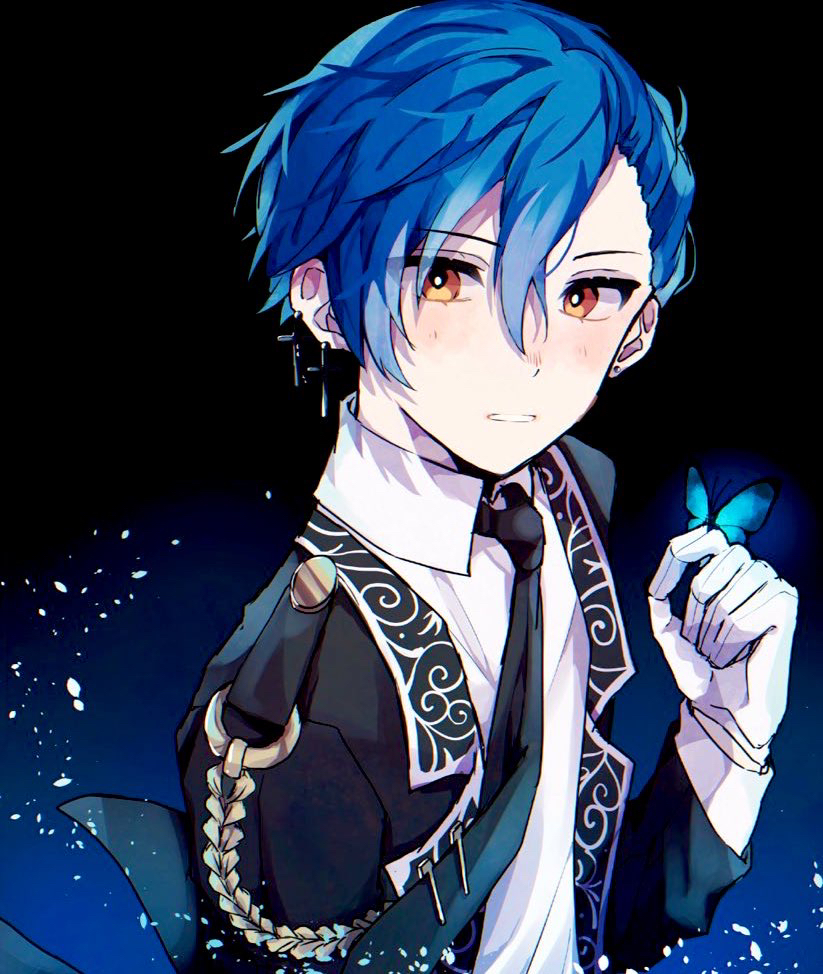 1boy, akuma_shitsuji_to_kuroi_neko, blue_hair, bug, butterfly, cross, earrings, formal