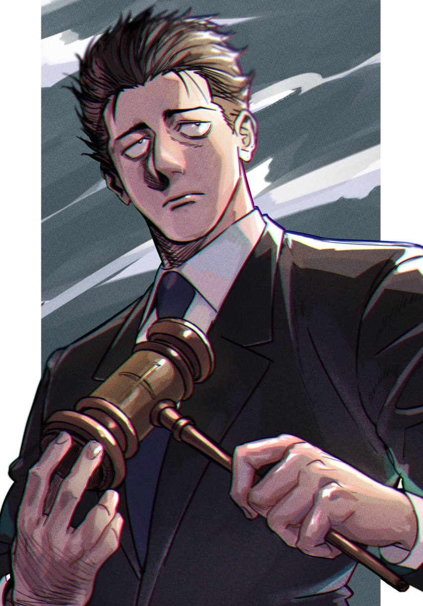 1boy, black_hair, black_suit, blue_necktie, facing_viewer, formal, gavel, hair_slicked_back