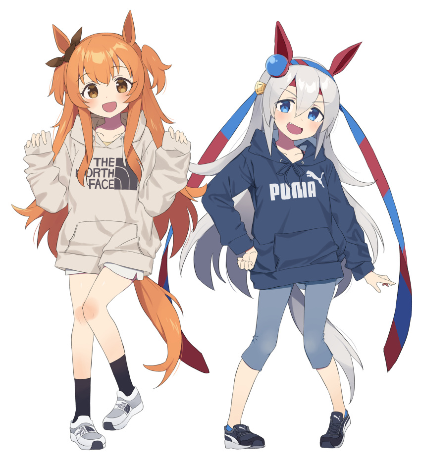 2girls, :d, animal_ears, ankle_socks, bangs, black_footwear, black_legwear, blue_eyes