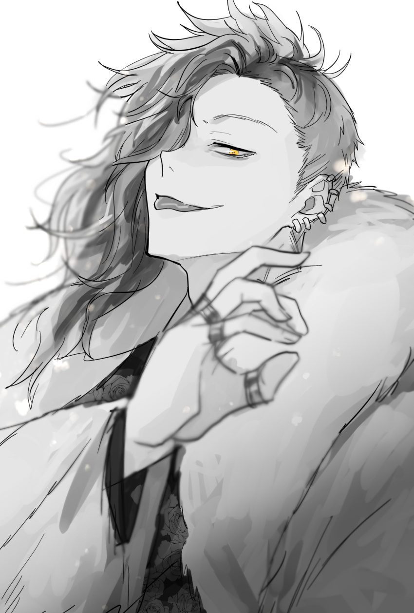 1boy, akari_doppo, ayashimon, blurry, blurry_foreground, ear_piercing, fur_coat, hair_over_one_eye