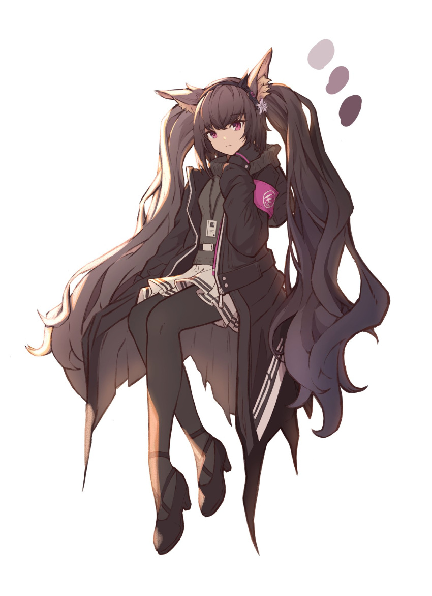 1girl, animal_ear_fluff, animal_ears, arknights, armband, bangs, black_footwear, black_hair, black_jacket, black_legwear, character_request, closed_mouth, color_guide, commentary_request, eyebrows_visible_through_hair, full_body, fur-trimmed_jacket, fur_trim, grey_sweater, hair_between_eyes, hand_up, high_heels, highres, jacket, long_hair, long_sleeves, looking_at_viewer, moschi_(arknights), open_clothes, open_jacket, pantyhose, pleated_skirt, shoes, simple_background, skirt, sleeves_past_wrists, solo, sweater, turtleneck, turtleneck_sweater, twintails, very_long_hair, violet_eyes, white_background, white_skirt, xx