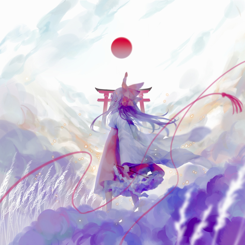 1girl, absurdres, bow, brown_hair, chinese_commentary, clouds, cloudy_sky, commentary_request, cui_(jidanhaidaitang), dress, embers, facing_away, feet_out_of_frame, frilled_dress, frills, gohei, hair_bow, hair_tubes, hakurei_reimu, highres, layered_dress, long_hair, long_sleeves, looking_up, nontraditional_miko, outdoors, red_bow, red_dress, red_sun, shide, sky, standing, torii, touhou, wheat