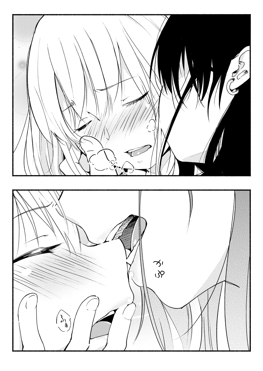 2girls, biting, blush, close-up, closed_eyes, commentary_request, ear_piercing, eyebrows_visible_through_hair, greyscale, heavy_breathing, highres, kiss, kissing_cheek, monochrome, multiple_girls, nose_bite, original, parted_lips, piercing, teeth, tongue, upper_teeth, yui_7, yuri