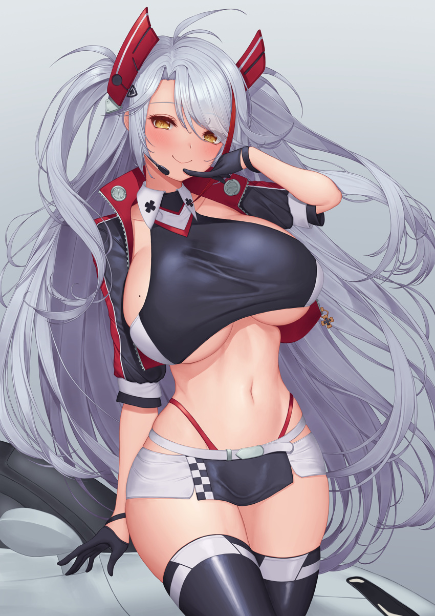 1girl, antenna_hair, azur_lane, bangs, black_gloves, black_jacket, black_legwear, blush, breasts, brown_eyes, closed_mouth, collarbone, commentary, cowboy_shot, cropped_jacket, eyebrows_visible_through_hair, gloves, grey_background, groin, hair_between_eyes, half_gloves, hand_up, highres, jacket, large_breasts, long_hair, looking_at_viewer, mole, mole_on_breast, multicolored_hair, navel, official_alternate_costume, open_clothes, open_jacket, panties, pinkcap, prinz_eugen_(azur_lane), prinz_eugen_(final_lap)_(azur_lane), racecar, racequeen, red_panties, redhead, sidelocks, silver_hair, simple_background, skindentation, smile, solo, standing, stomach, streaked_hair, thigh-highs, two_side_up, underwear, very_long_hair