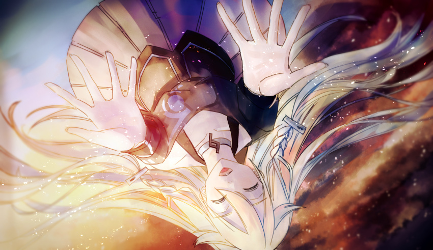1girl, absurdres, asu_no_yozora_shoukaihan_(vocaloid), black_shirt, braid, choker, closed_eyes, clouds