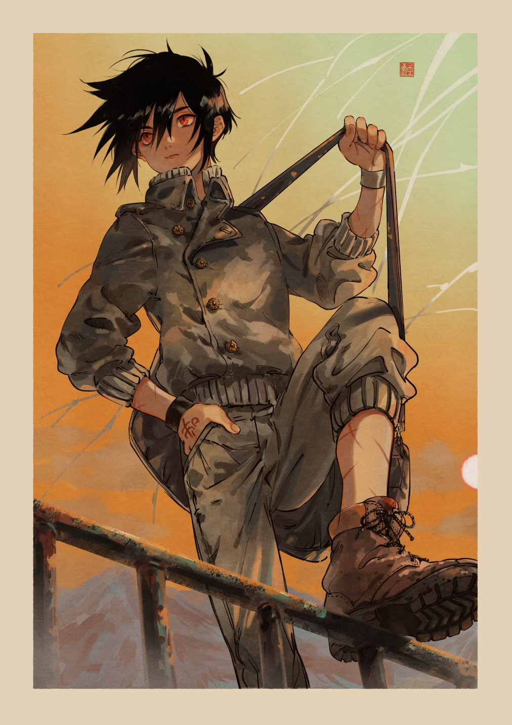 1boy, bag, black_hair, black_wristband, boots, brown_footwear, closed_mouth, clouds