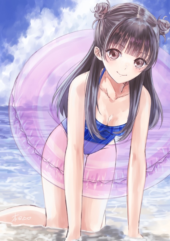 1girl, beach, blue_reflection, blue_reflection_tie, breasts, brown_eyes, brown_hair, collarbone