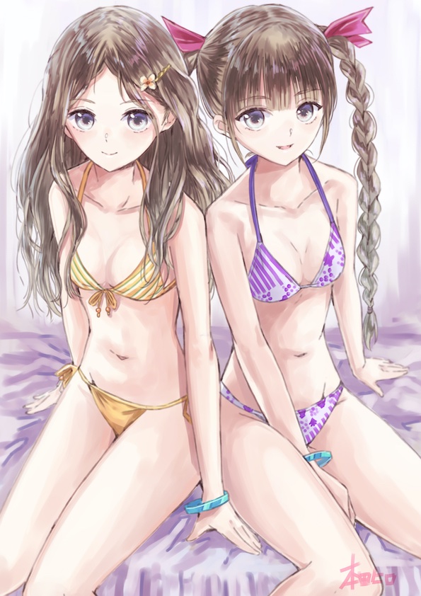 2girls, bed, bikini, blonde_hair, blue_reflection, bracelet, braid, braided_ponytail, breasts, collarbone, curly_hair, eyebrows_visible_through_hair, hair_ornament, hairclip, hondahiro, jewelry, looking_at_viewer, midriff, multiple_girls, on_bed, ribbon, shijou_raimu, shijou_yuzuki, sitting, sitting_on_bed, small_breasts, swimsuit, yellow_eyes