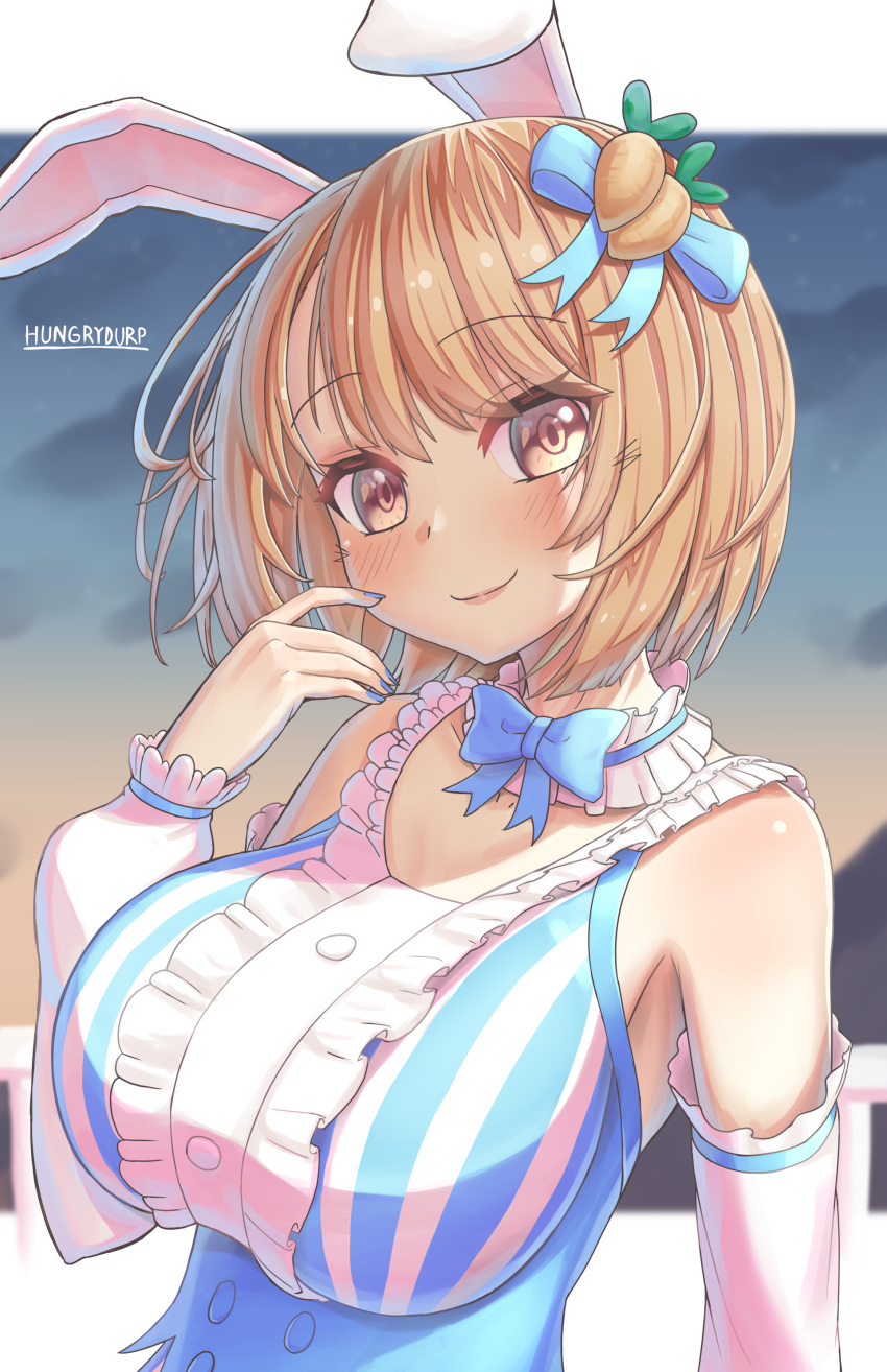 1girl, absurdres, animal_ears, artist_name, bangs, blue_bow, blue_nails, blush