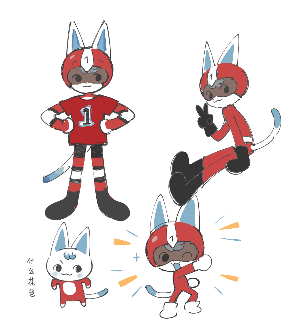 1boy, :3, ;3, animal_crossing, animal_ears, arm_support, arm_up, bangs, bike_shorts, black_eyes, black_footwear, black_gloves, blue_hair, blush_stickers, body_fur, bodysuit, cat_boy, cat_ears, cat_tail, chibi, closed_mouth, clothes_writing, commentary_request, dot_nose, ears_through_headwear, from_side, full_body, furry, furry_male, gloves, guu_(hakahonoo), hand_up, hands_on_hips, happy, helmet, invisible_chair, kid_cat_(animal_crossing), knee_pads, layered_sleeves, legs_apart, long_sleeves, looking_at_viewer, looking_to_the_side, male_focus, motorcycle_helmet, multiple_views, no_headwear, no_helmet, no_pupils, official_style, one_eye_closed, open_mouth, raised_fist, red_bodysuit, red_headwear, red_shirt, shirt, short_sleeves, simple_background, sitting, sketch, spandex, sparkle, standing, straight-on, sunburst, t-shirt, tail, tail_raised, translation_request, v, v-shaped_eyebrows, white_background, white_footwear, white_fur