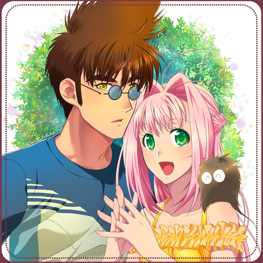 1boy, 1girl, :d, animal_on_shoulder, blue-tinted_eyewear, braid, brown_hair, collarbone