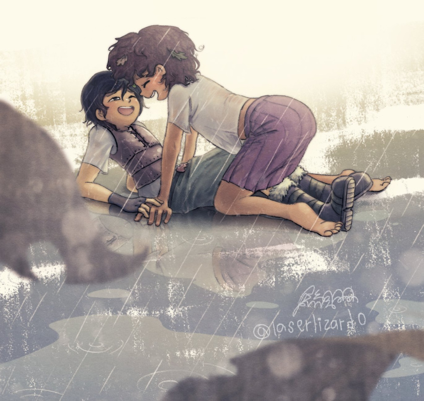 2girls, amphibia, anne_boonchuy, black_hair, boots, brown_hair, closed_eyes, dark-skinned_female