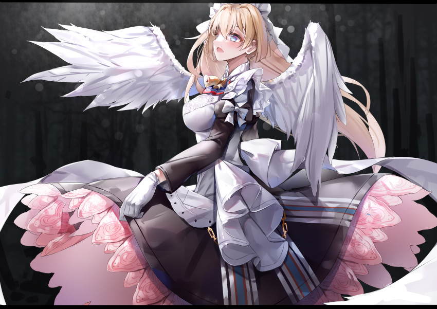 1girl, absurdres, angel_wings, bangs, bell, blonde_hair, blue_eyes, blush
