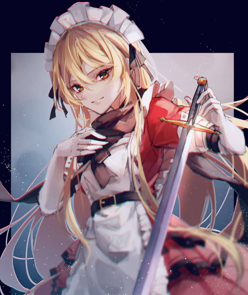 1girl, apron, bangs, black_scarf, blonde_hair, closed_mouth, commission, cowboy_shot