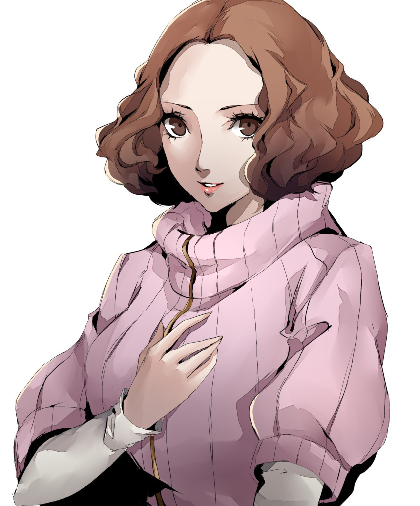 1girl, blush, brown_eyes, brown_hair, hand_on_own_chest, highres, layered_sleeves, lipps, long_sleeves, looking_at_viewer, okumura_haru, open_mouth, pertex_777, pink_sweater, ribbed_sweater, short_hair, short_over_long_sleeves, short_sleeves, smile, solo, sweater, upper_body, white_background
