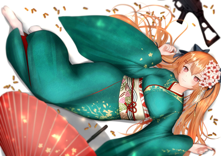 1girl, absurdres, ammunition, breasts, brown_eyes, brown_hair, bullet, flower