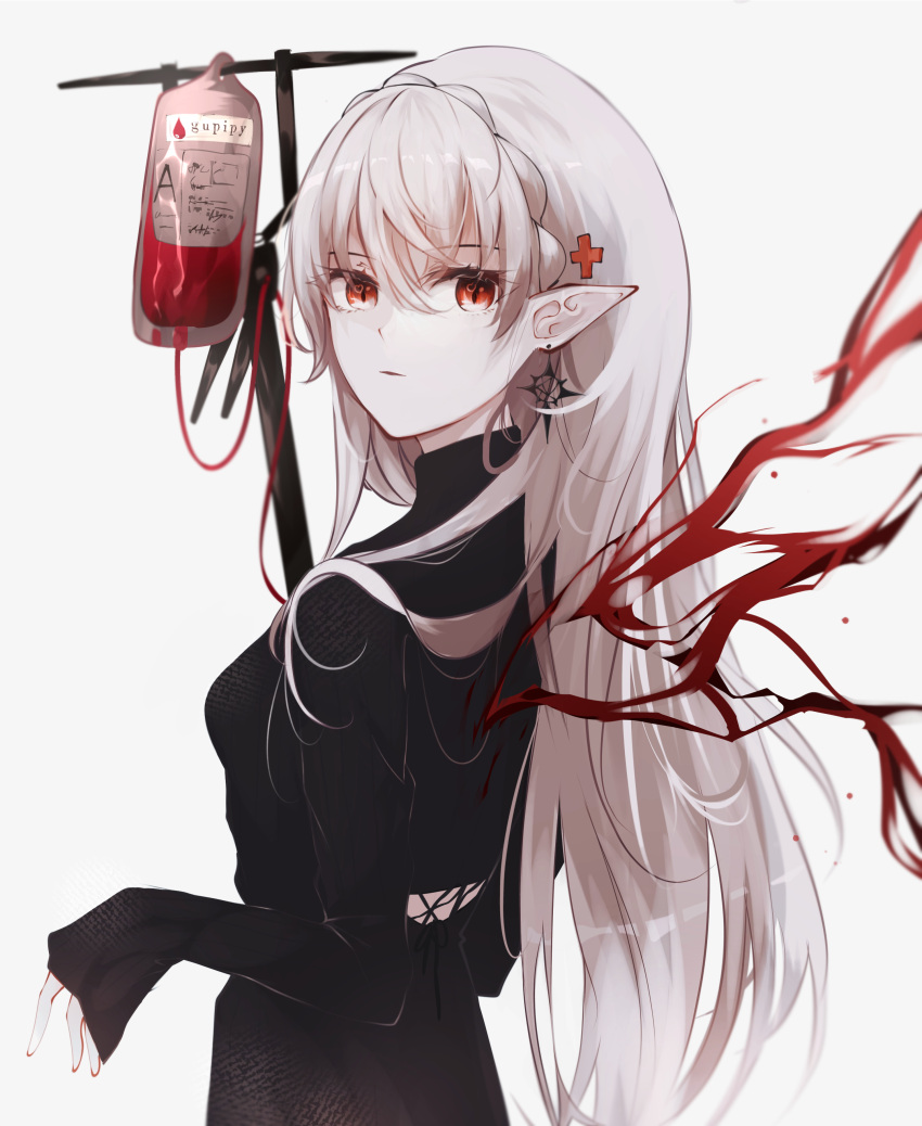 1girl, absurdres, alternate_costume, arknights, bangs, black_dress, blood, blood_bag