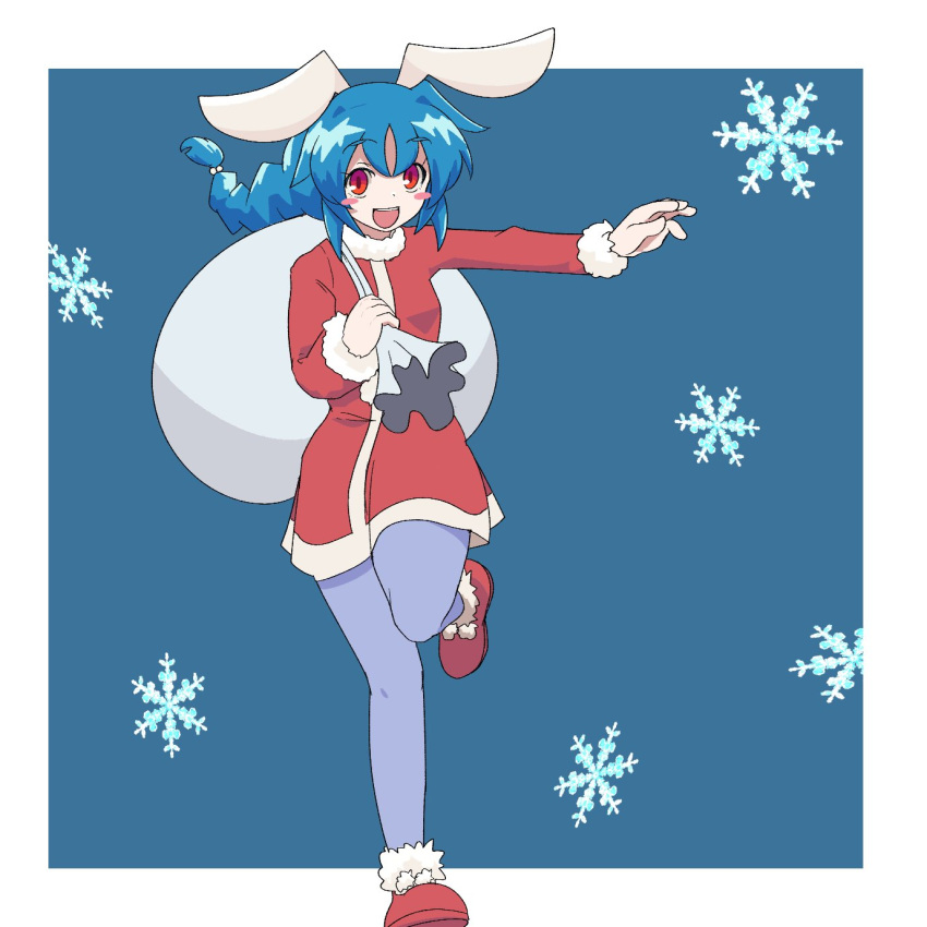 100_percent_orange_juice, 1girl, animal_ears, aru_(orange_juice), bangs, blue_background, blue_hair, blue_legwear