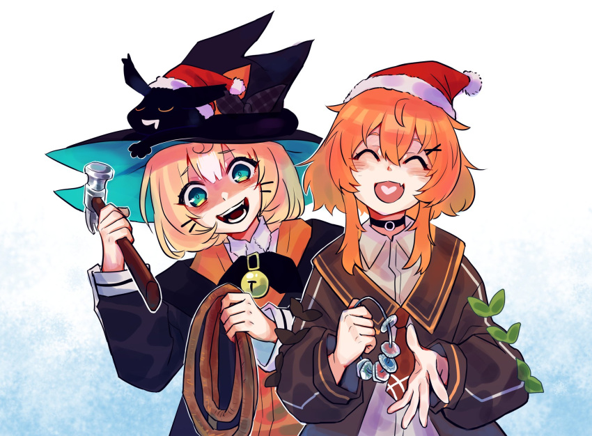 2girls, :d, ^_^, black_cat, black_choker, black_headwear, black_jacket, brown_jacket