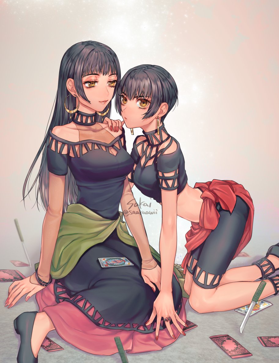 2girls, black_hair, bracelet, breasts, card, collarbone, crop_top, dress
