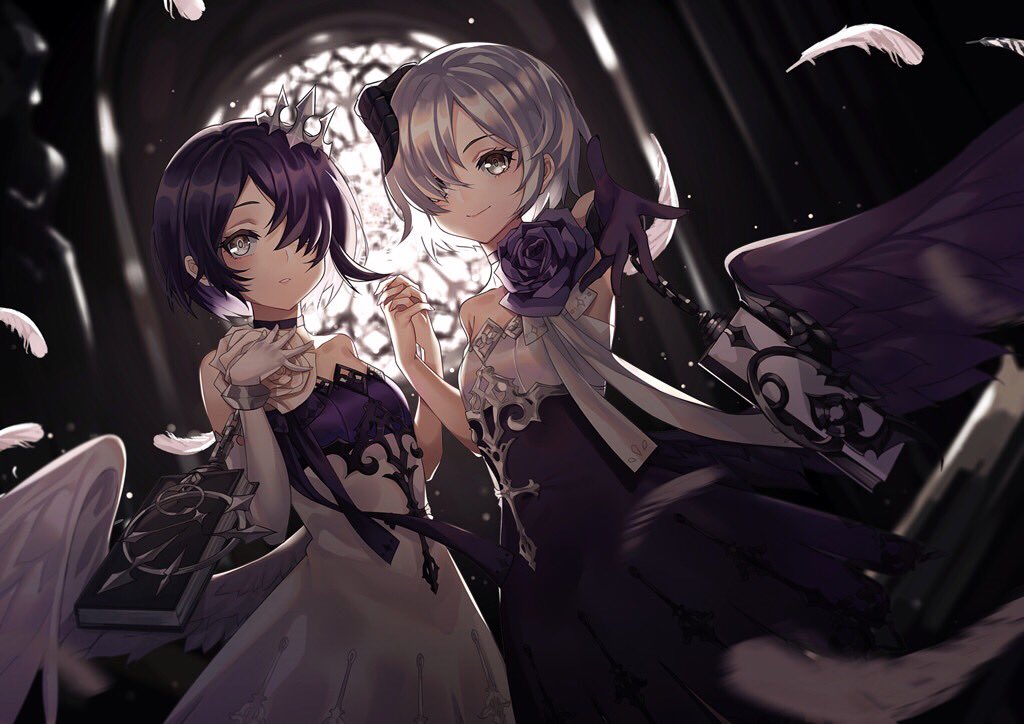 2girls, bangs, beatrice_(masterwork_apocalypse), black_choker, black_dress, black_flower, black_gloves, black_hair
