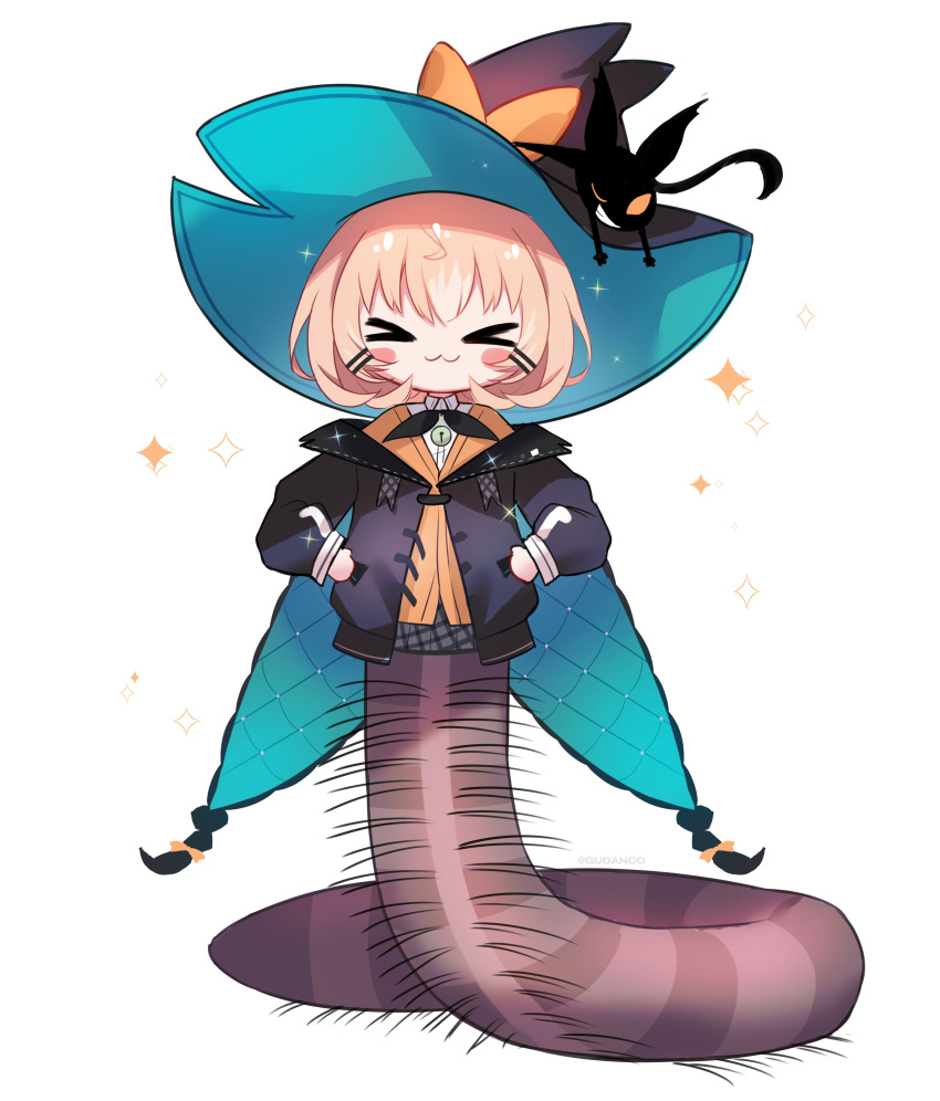 >_<, 1girl, :3, absurdres, arthropod_girl, bangs, black_bow, black_headwear