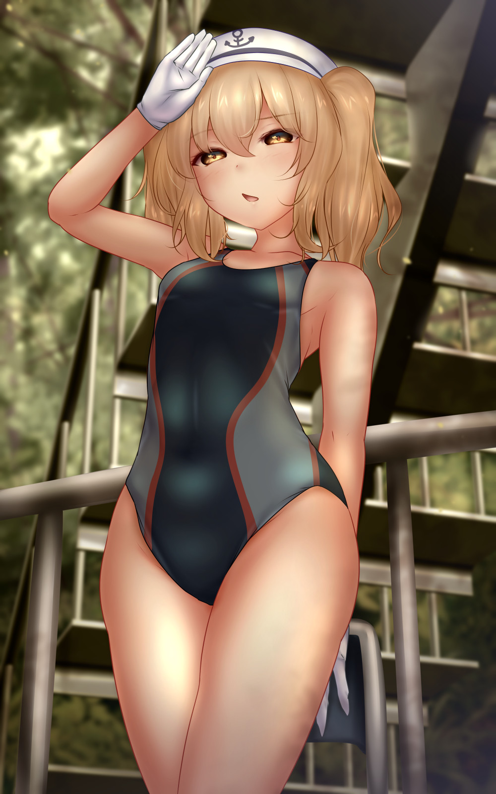 anchor_symbol, blonde_hair, blue_swimsuit, breasts, chair, chestnut_mouth, collarbone, commentary_request