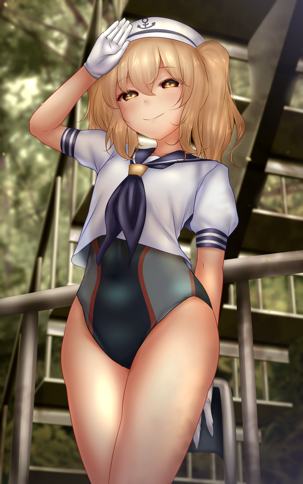 anchor_symbol, blonde_hair, blue_neckerchief, blue_sailor_collar, blue_swimsuit, chain, closed_mouth, competition_swimsuit