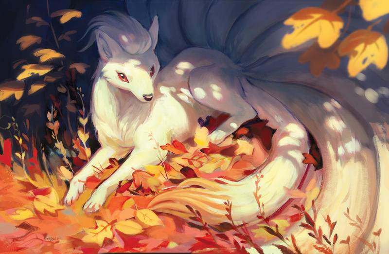acrylic_paint_(medium), chiou!, commentary_request, dated, leaf, multiple_tails, ninetales, no_humans