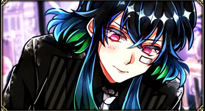 1boy, akuma_shitsuji_to_kuroi_neko, androgynous, bandaid, bastien_kelly, blue_hair, blush, formal